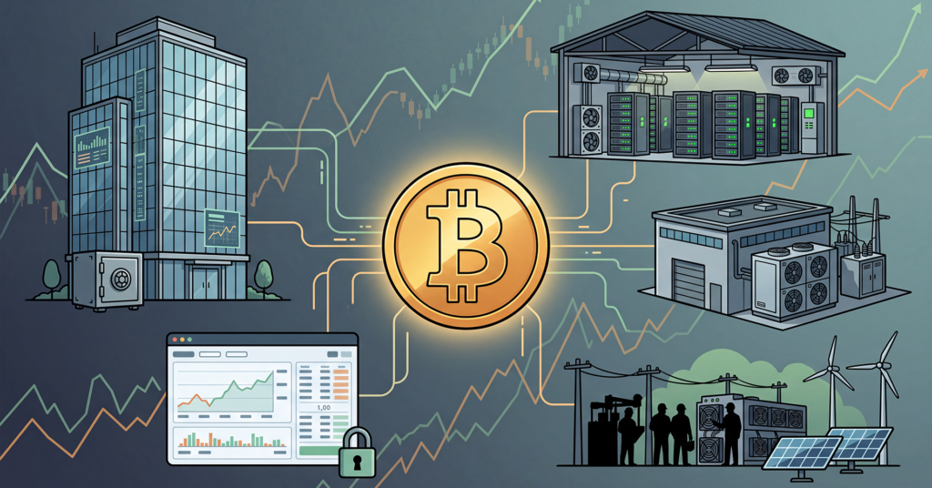 Comic-Illustration zu Bitcoin-Aktien mit Bitcoin-Symbol, Börsenchart, Unternehmen und Mining-Rechenzentren