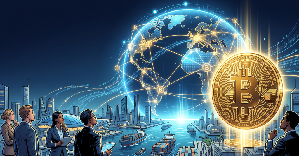Bitcoin als Weltleitwährung – goldene Bitcoin-Münze vor einer digitalen Weltkugel mit globalem Blockchain-Netzwerk.