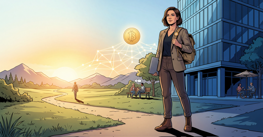 Comic-Illustration einer Frau zwischen Konzernbüro und offenem Lebensweg mit Bitcoin-Symbol als Sinnbild für finanzielle Freiheit und Selbstbestimmung.