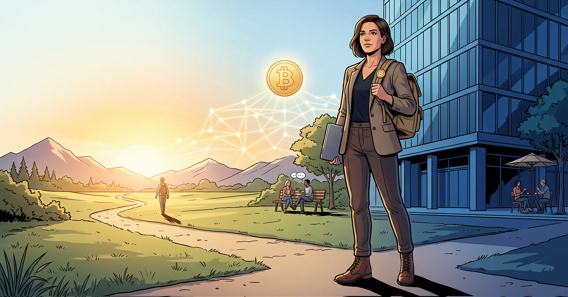 Comic-Illustration einer Frau zwischen Konzernbüro und offenem Lebensweg mit Bitcoin-Symbol als Sinnbild für finanzielle Freiheit und Selbstbestimmung.